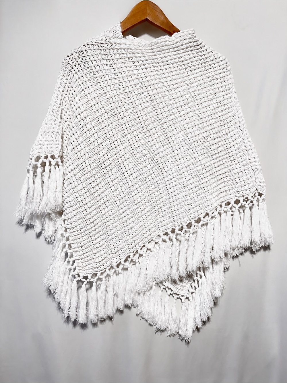Variations M White Cotton Crochet Fringe Poncho Boho Festival Knit